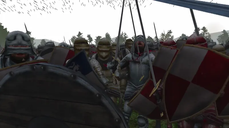 A wall of quartered shields in the thick of the fight