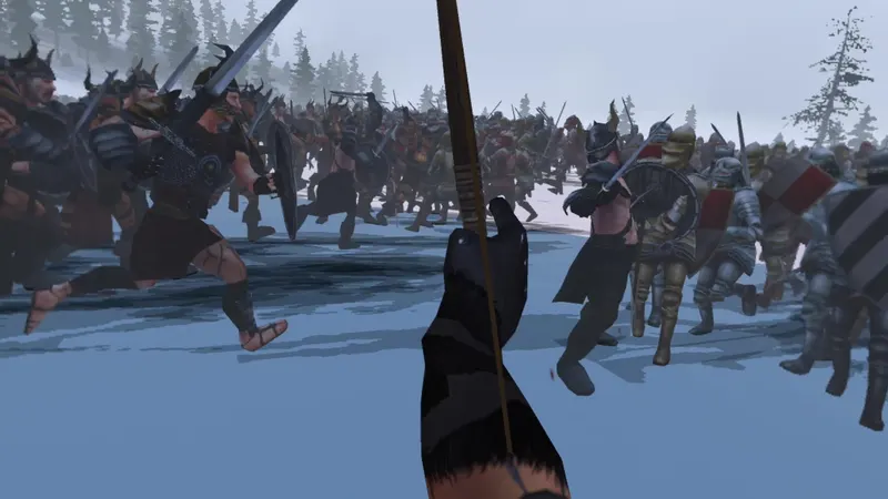 Bow drawn as the line charges over the frozen river