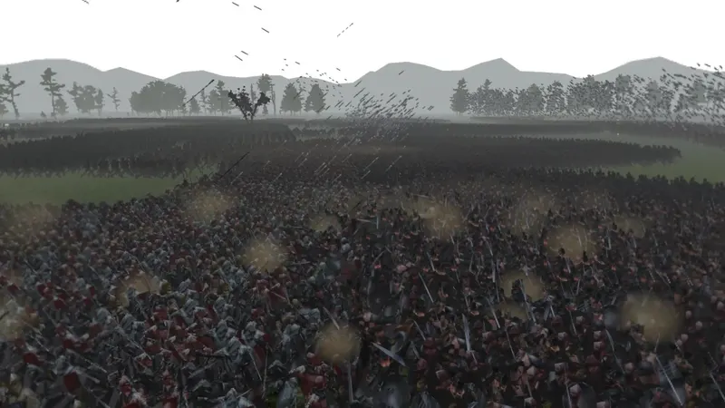 Volleys of thousands of arrows rise over the field
